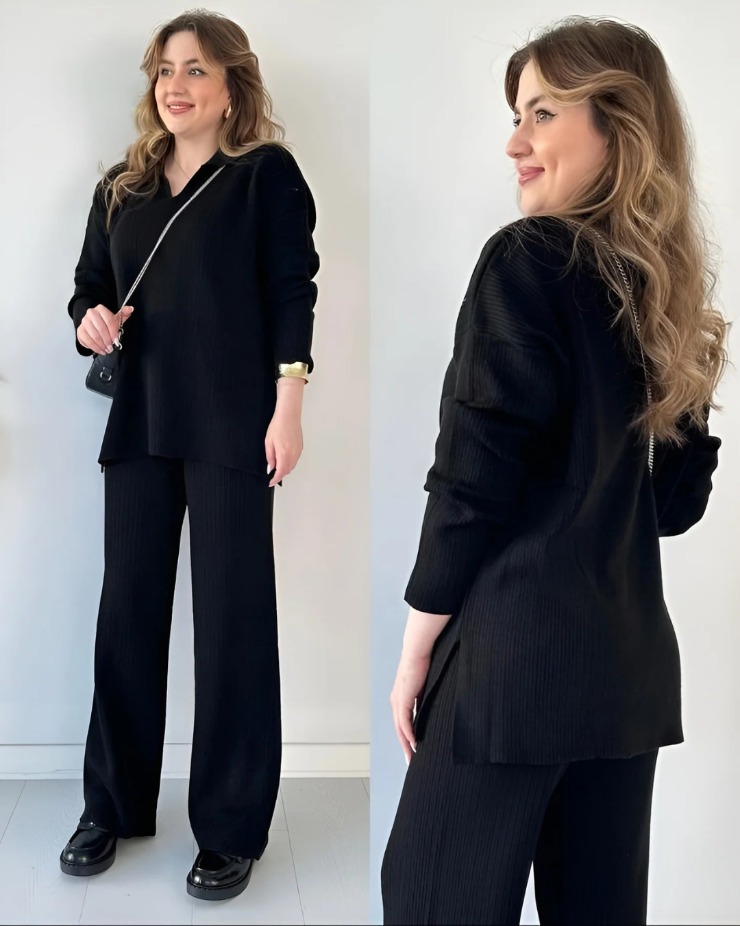 Conjunto Casual de Camisola de Malha de Manga Comprida e Calças Largas