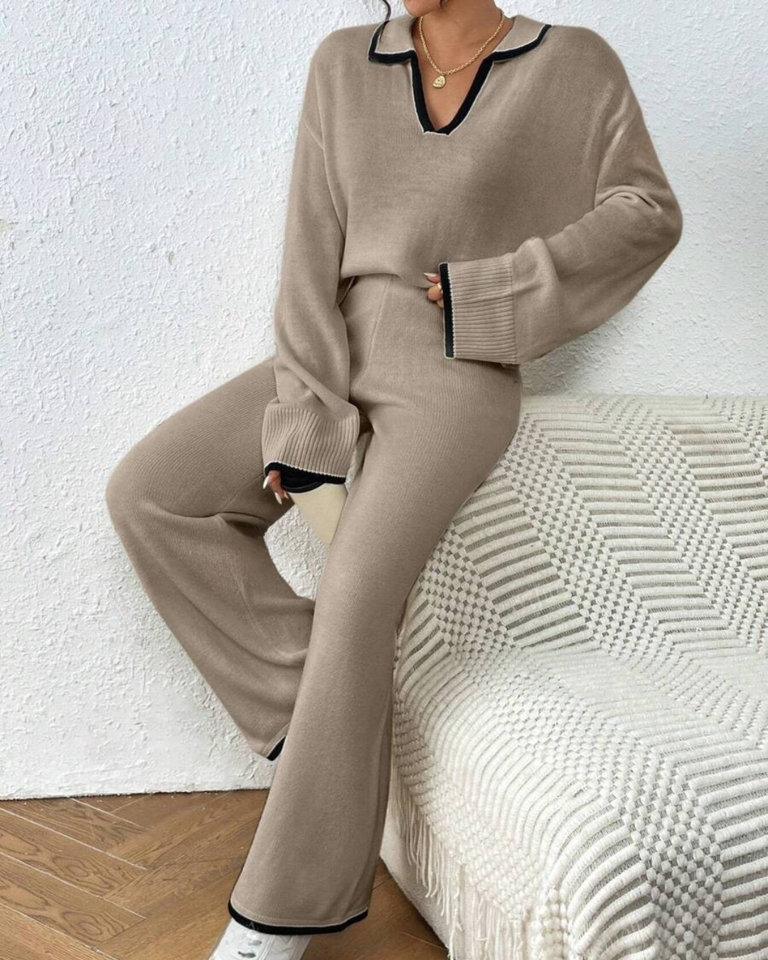 Conjunto de Camisola e Calças de Malha de 2 Peças com Acabamento em Cor Contrastante