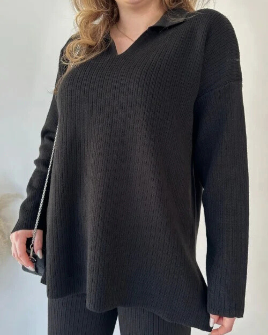 Conjunto Casual de Camisola de Malha de Manga Comprida e Calças Largas