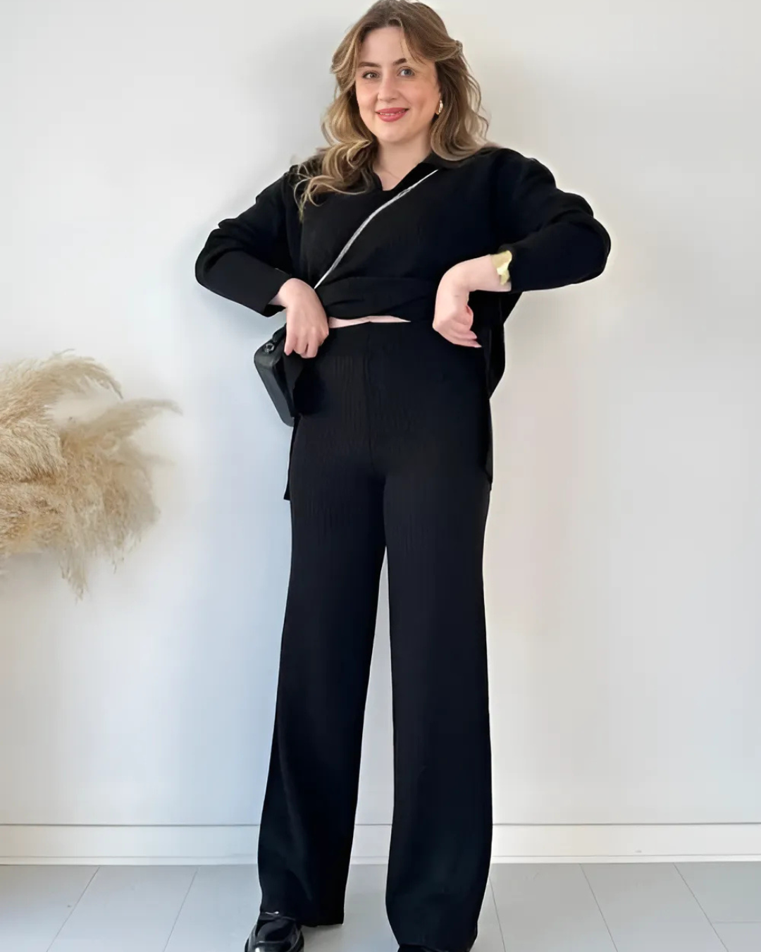 Conjunto Casual de Camisola de Malha de Manga Comprida e Calças Largas