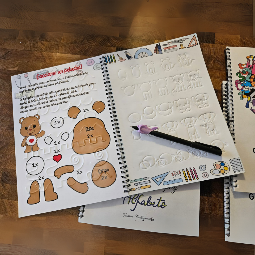 Manuais de escrita com ranhuras guiadas e tinta mágica para a aprendizagem