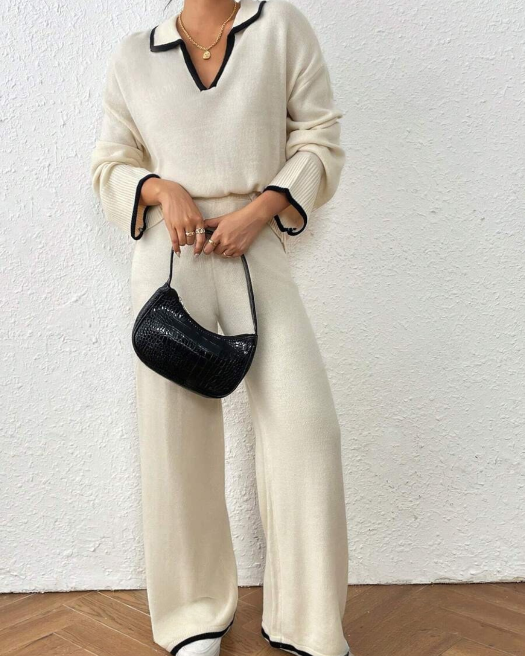 Conjunto de Camisola e Calças de Malha de 2 Peças com Acabamento em Cor Contrastante