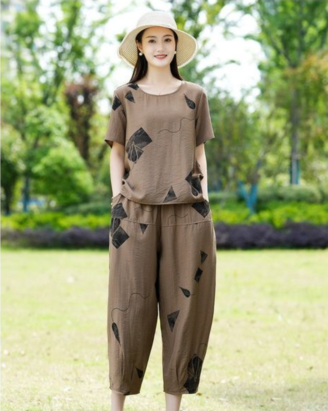 Conjunto de Duas Peças em Linho com Impressão Artística para Mulher