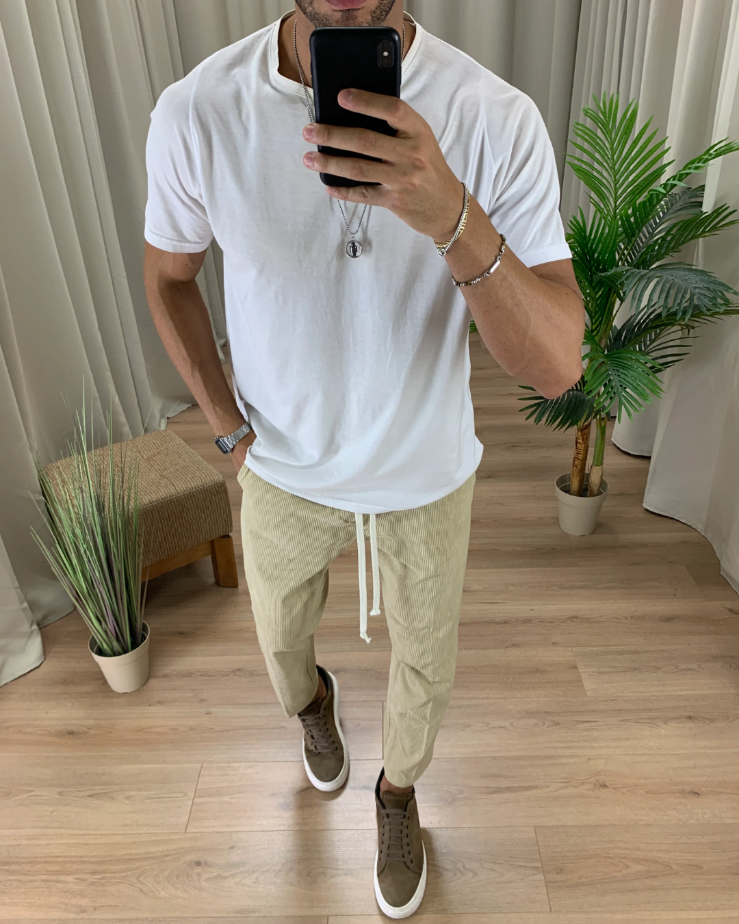 Calças de corte reto com cintura ajustável com cordão para homem