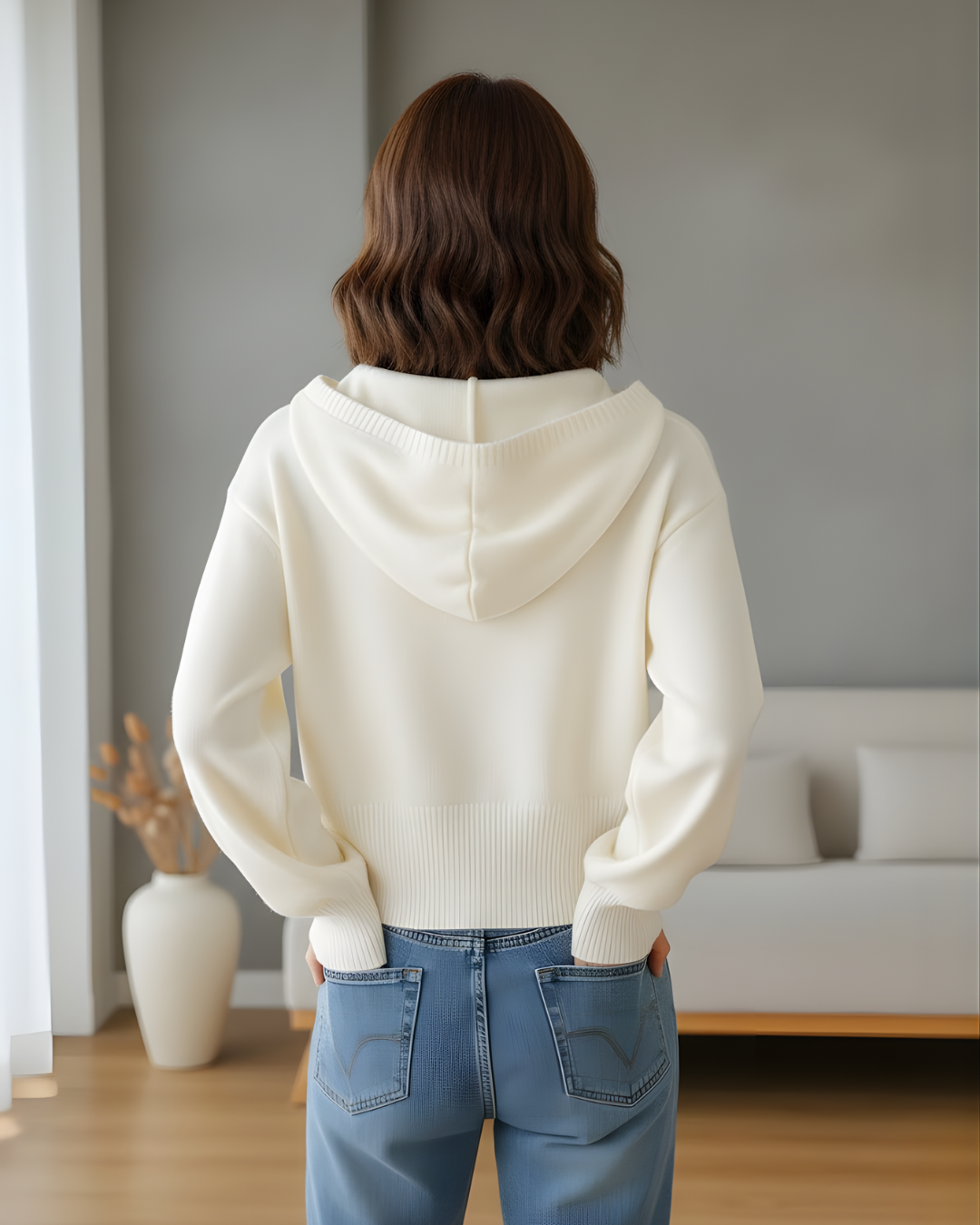 Cardigã Casual Curto com Capuz e Botões Para Mulher