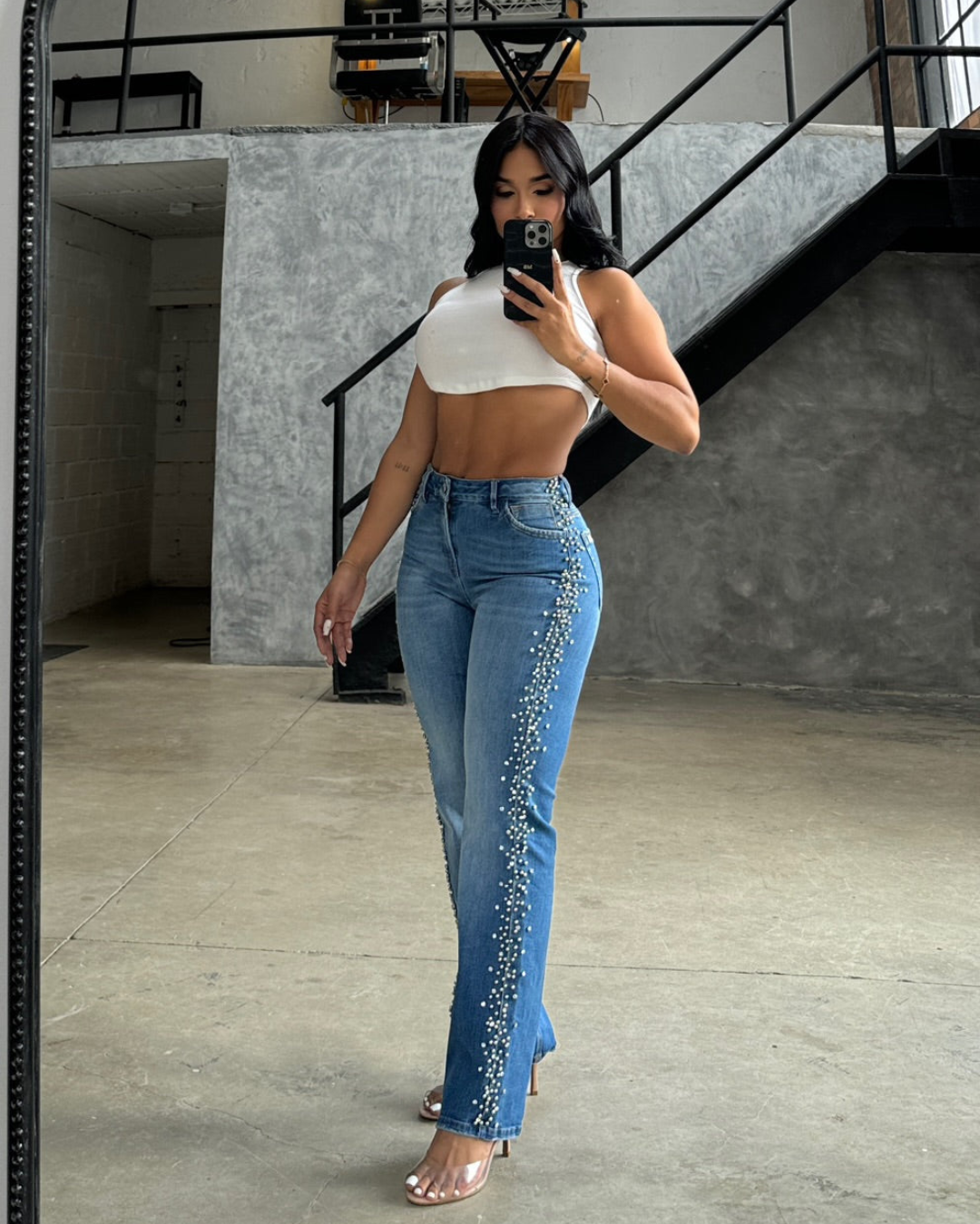 Calças de Ganga Direitas com Pérolas e Cristais na Lateral