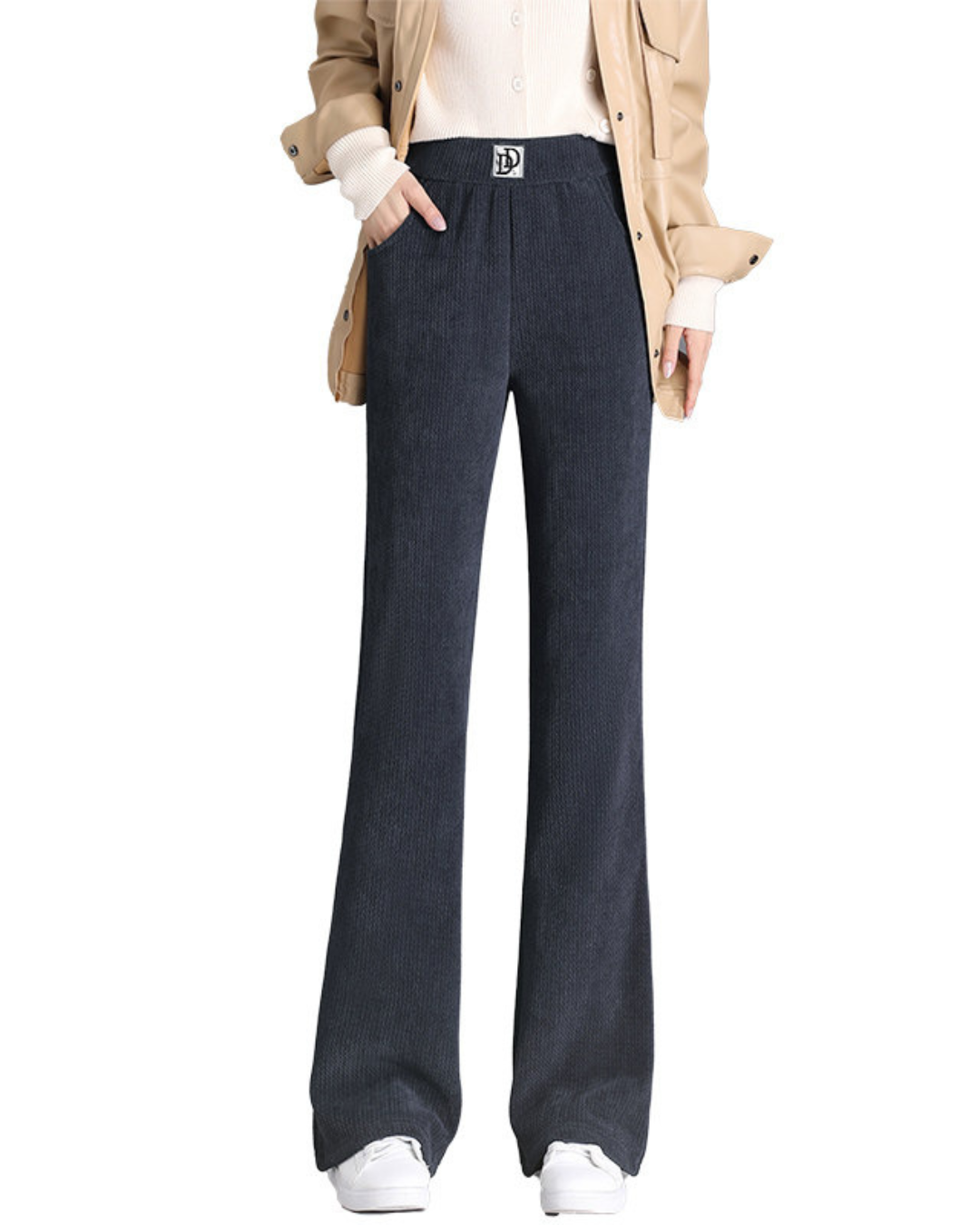 Calças às riscas com forro polar de perna larga