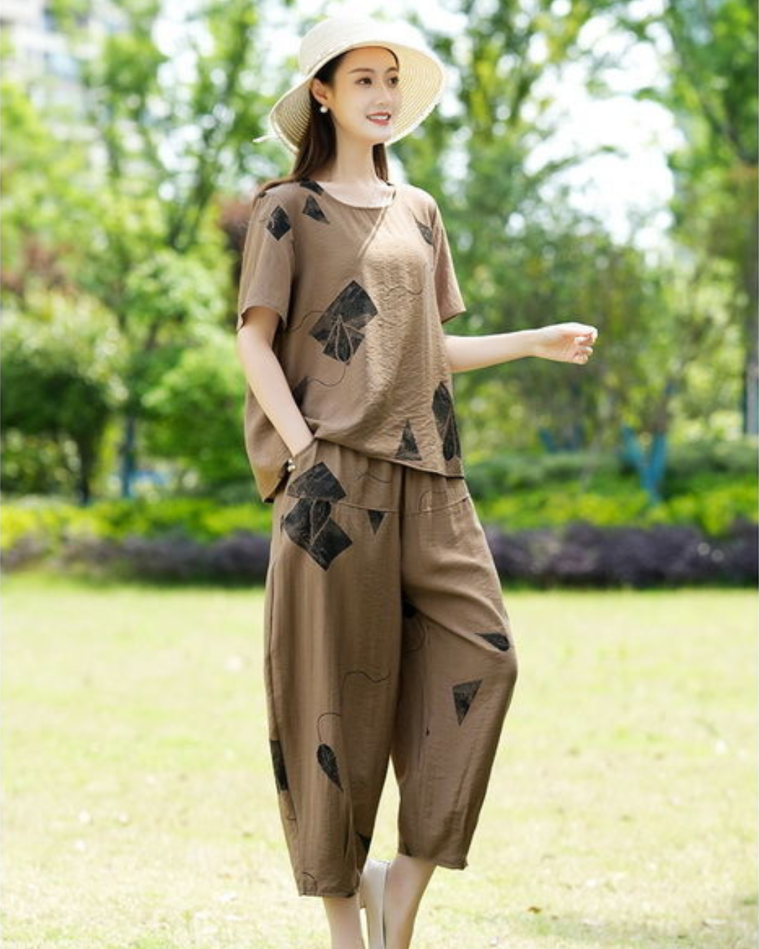 Conjunto de Duas Peças em Linho com Impressão Artística para Mulher