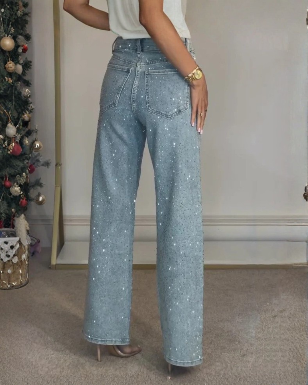 Calças de Corte Reto e Cintura Subida com Pormenores Brilhantes para Mulher