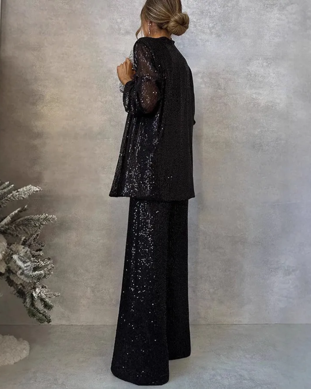 Conjunto de Lantejoulas Blazer e Calças Largas para Mulher