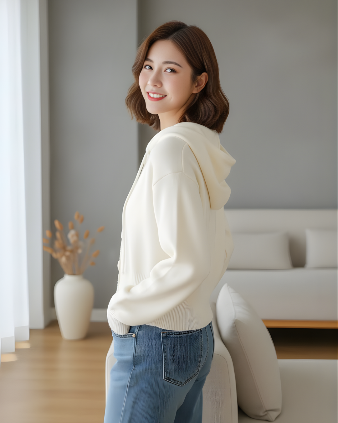 Cardigã Casual Curto com Capuz e Botões Para Mulher