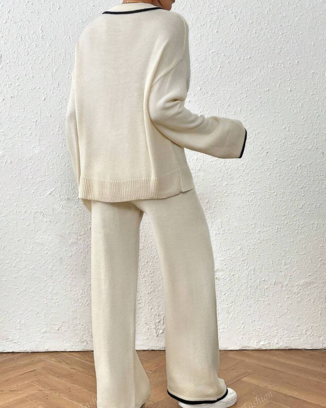 Conjunto de Camisola e Calças de Malha de 2 Peças com Acabamento em Cor Contrastante