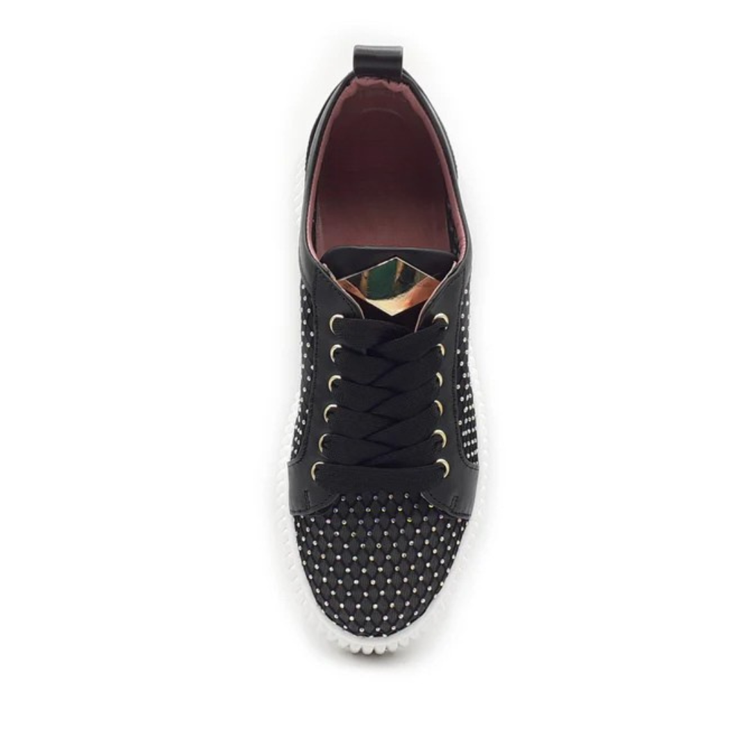 Sapatilhas de Cano Alto Pretas com Design Decorativo em Malha e um Brilho