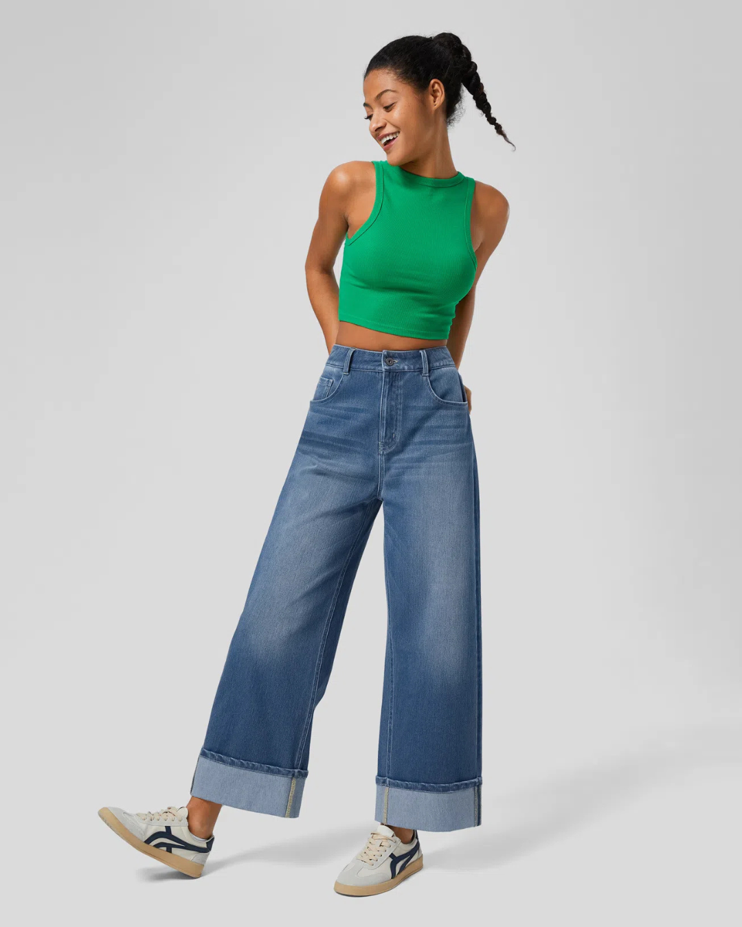 Calças Lavadas com Elástico, Bainha Enrolada, Cintura Alta, Vários Bolsos, Perna Larga