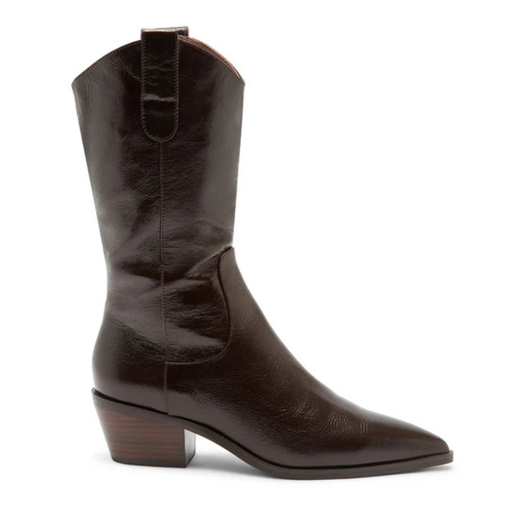 Botas de Couro Castanho com Biqueira Pontiaguda e Salto Baixo de Madeira