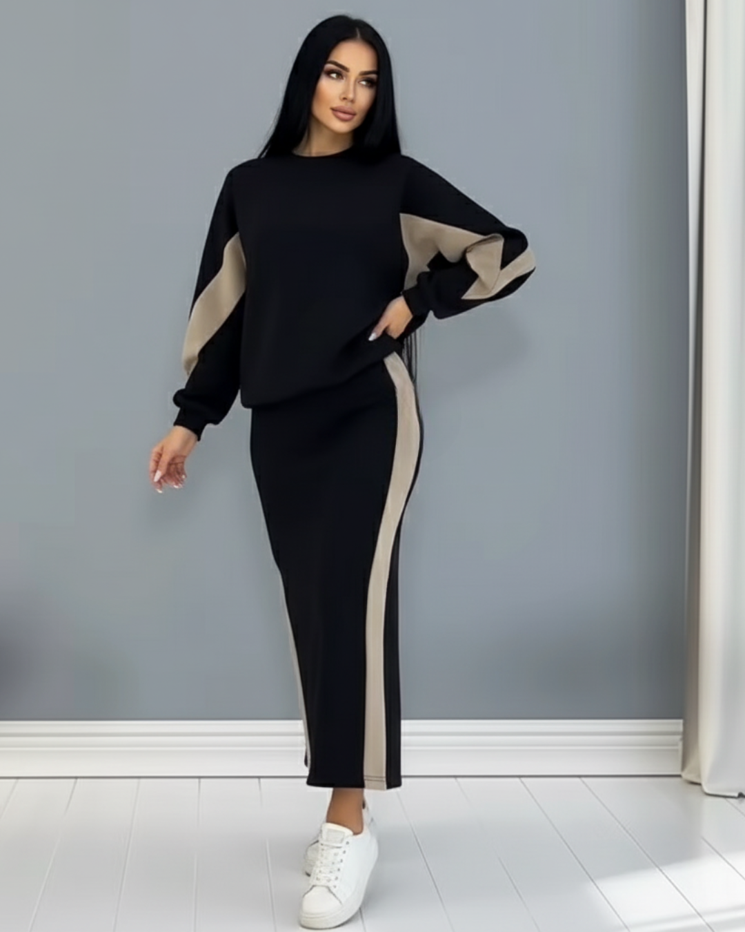 Conjunto folgado com top de manga comprida e saia com abertura para mulher