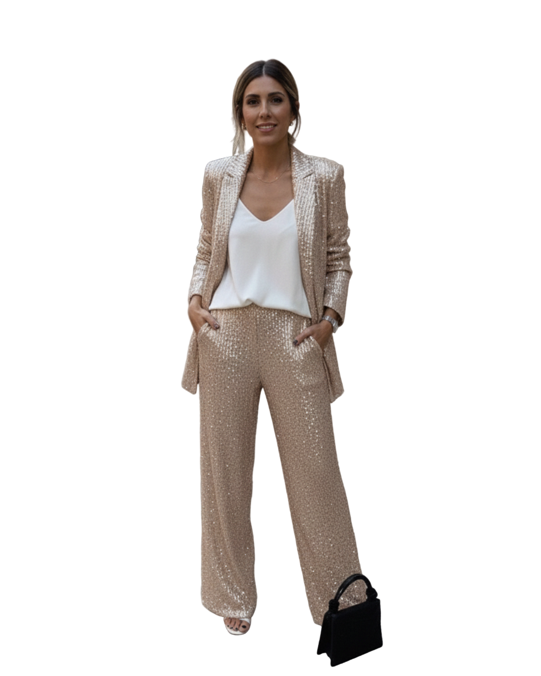 Conjunto de Lantejoulas Blazer e Calças Largas para Mulher