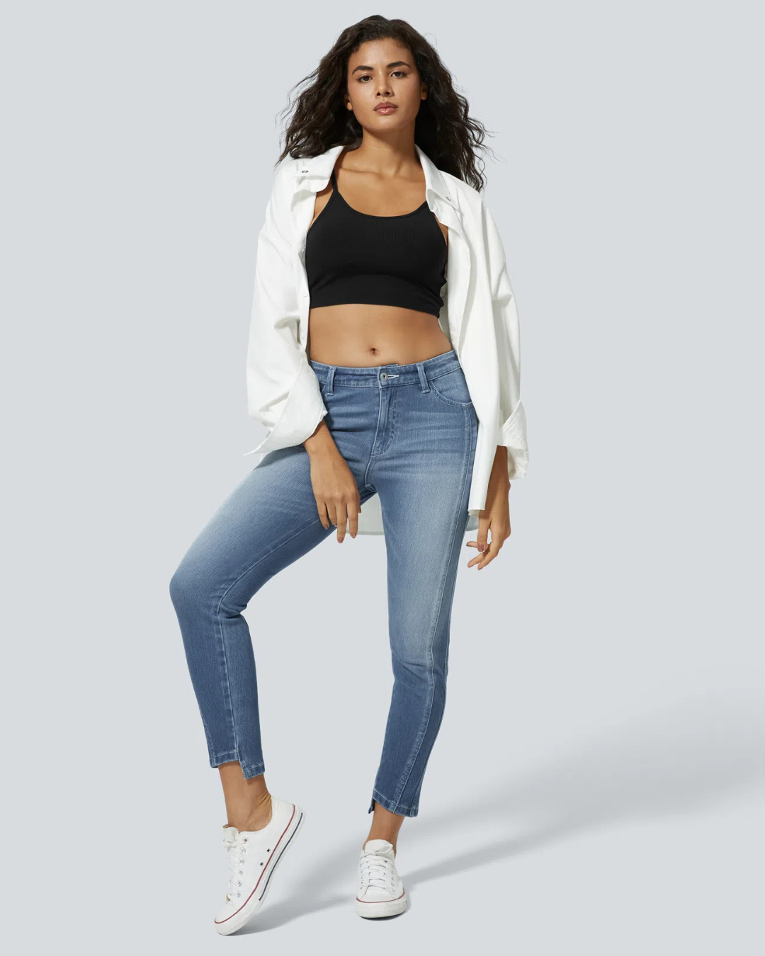 Calças de Ganga Justas em Elástico com Vários Bolsos e Fecho de Correr