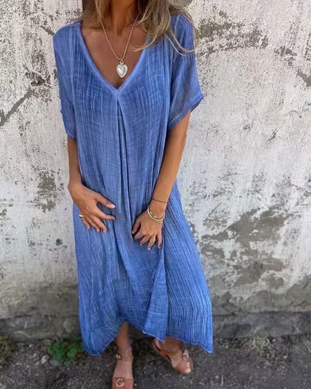 Vestido Midi com Decote em V em Linho para um Look Fresco e Elegante