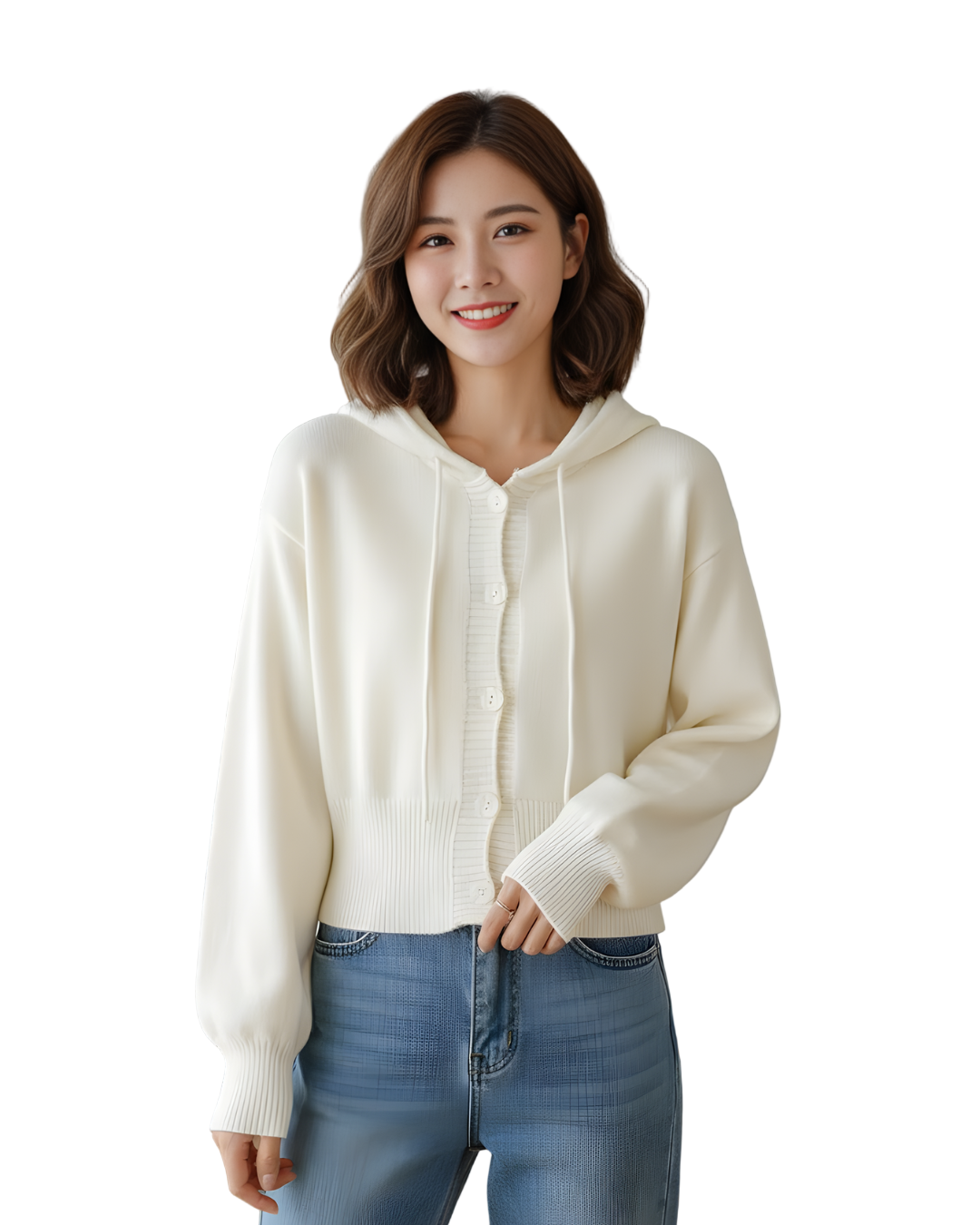 Cardigã Casual Curto com Capuz e Botões Para Mulher