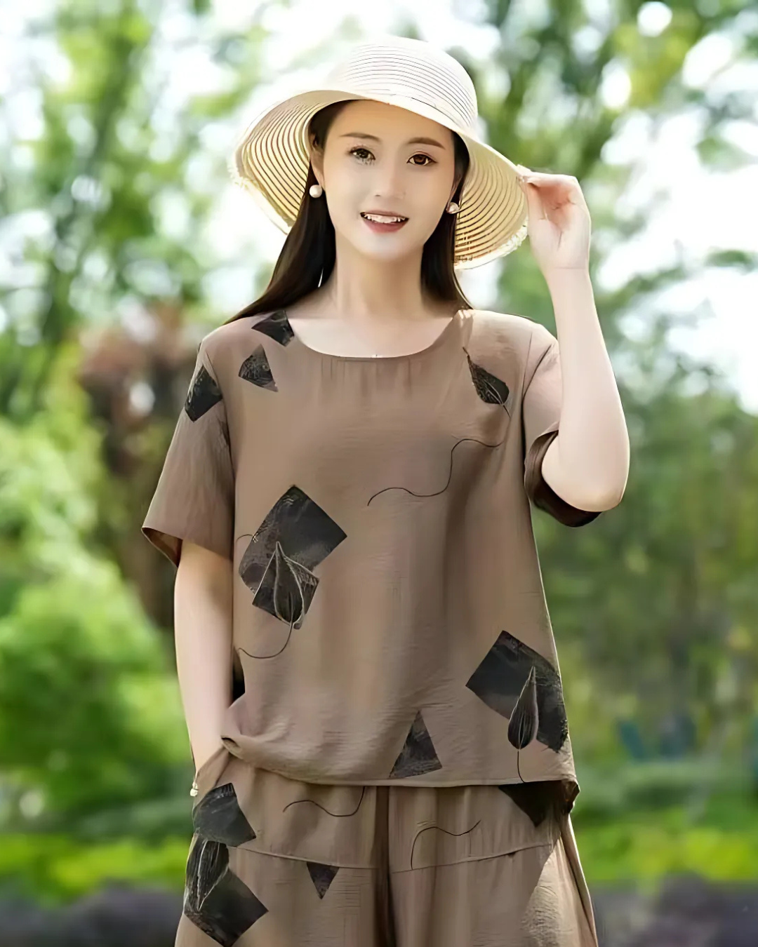 Conjunto de Duas Peças em Linho com Impressão Artística para Mulher