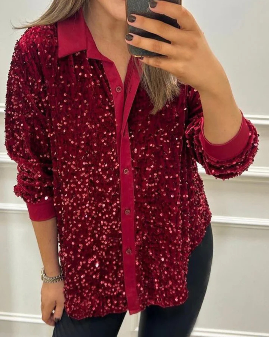 Camisa de Festa com Gola e Lantejoulas Brilhantes para Mulher