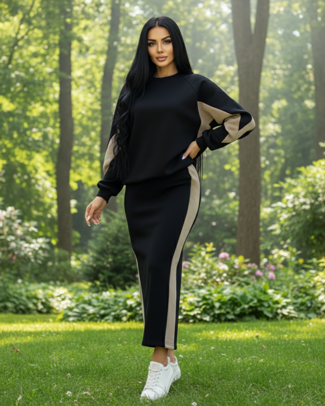 Conjunto folgado com top de manga comprida e saia com abertura para mulher