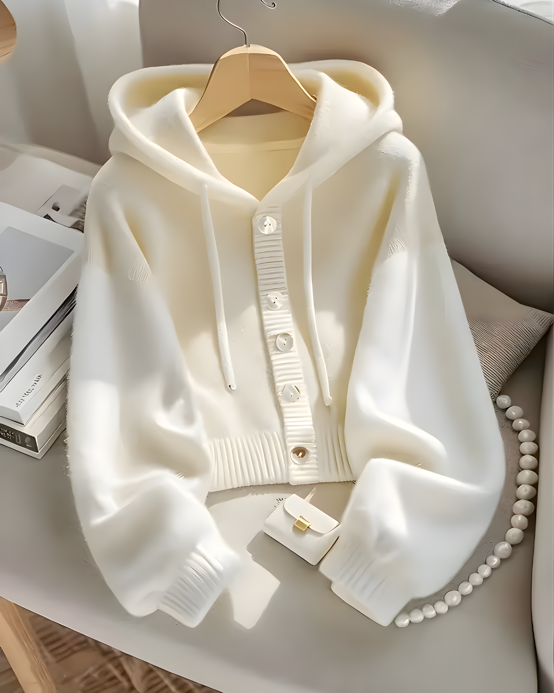 Cardigã Casual Curto com Capuz e Botões Para Mulher