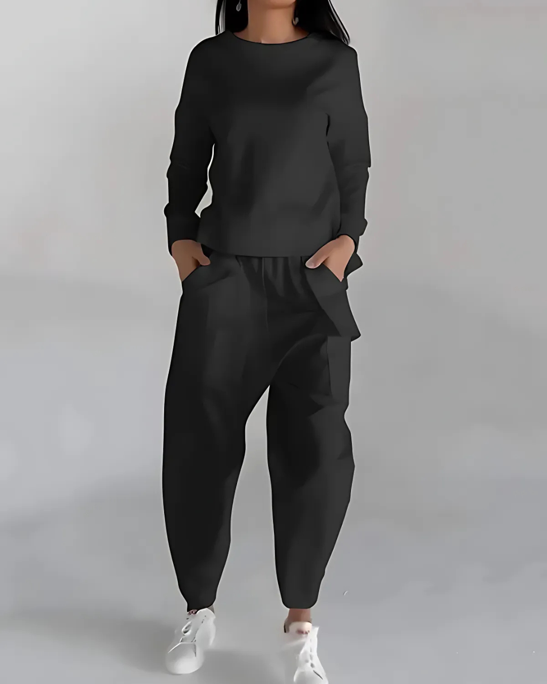 Conjunto Casual de Duas Peças com Gola Redonda e Mangas Compridas