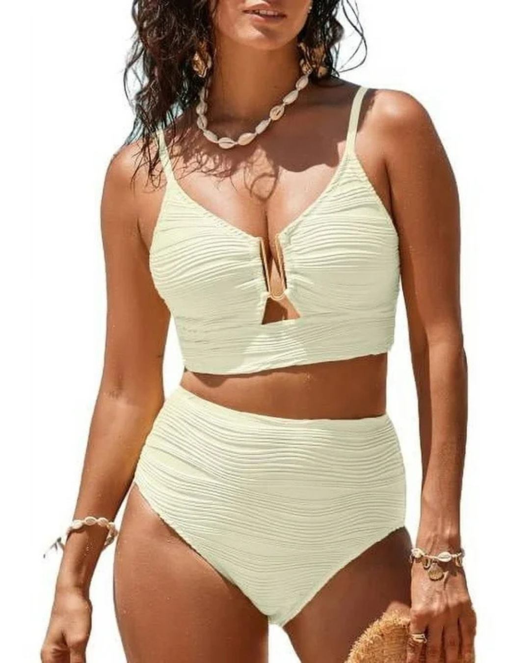 Fato de banho de cintura alta com aros e corte em U em dourado