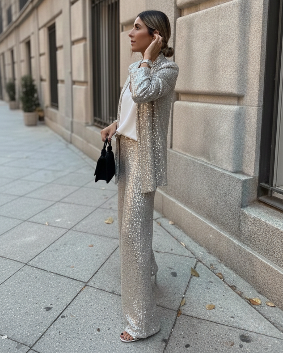 Conjunto de Lantejoulas Blazer e Calças Largas para Mulher