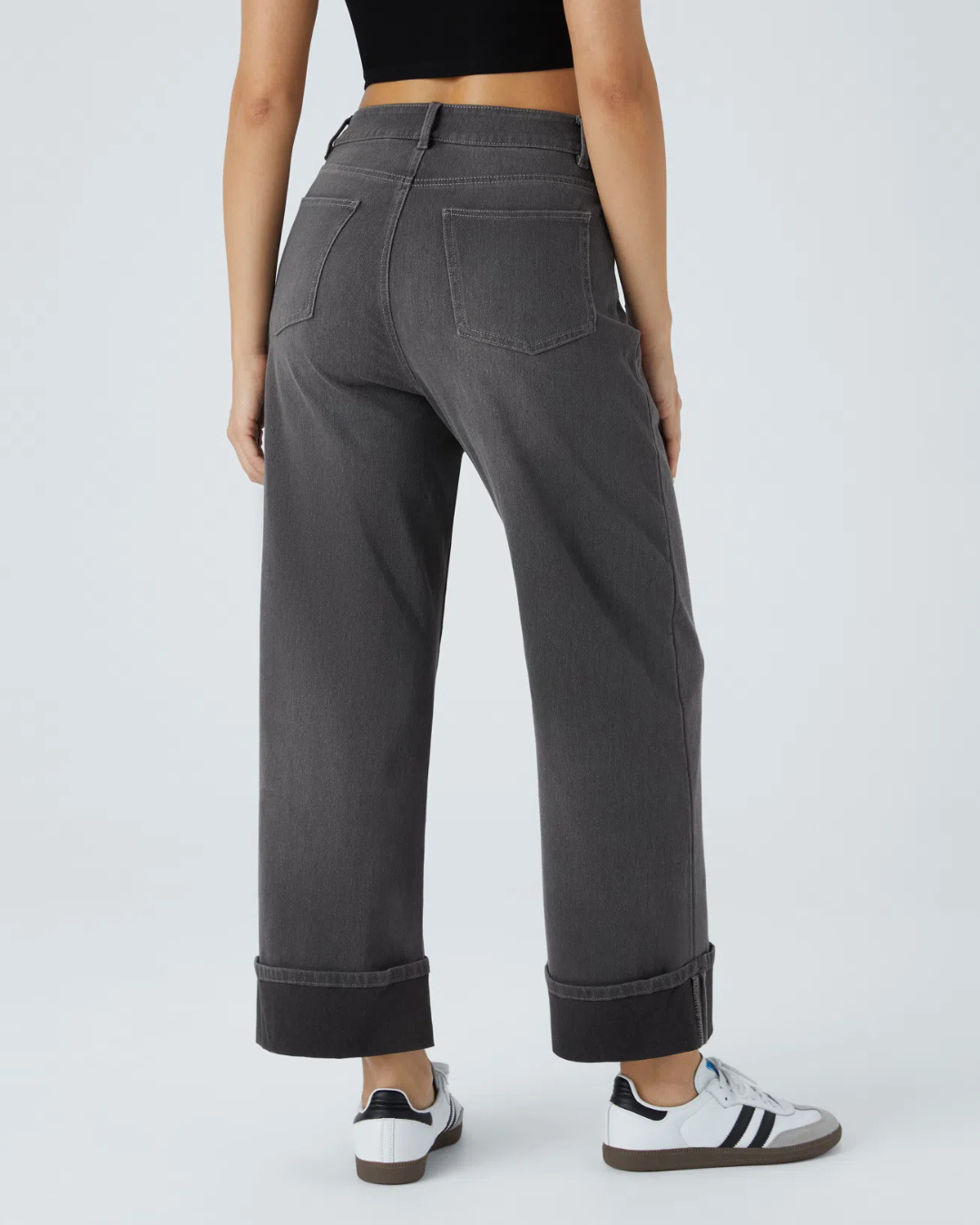 Calças Lavadas com Elástico, Bainha Enrolada, Cintura Alta, Vários Bolsos, Perna Larga