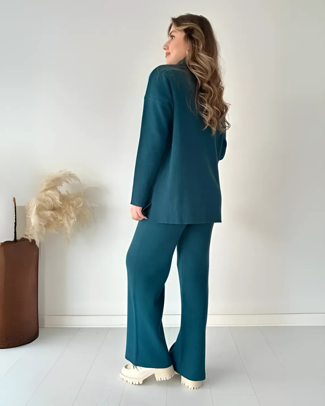 Conjunto Casual de Camisola de Malha de Manga Comprida e Calças Largas