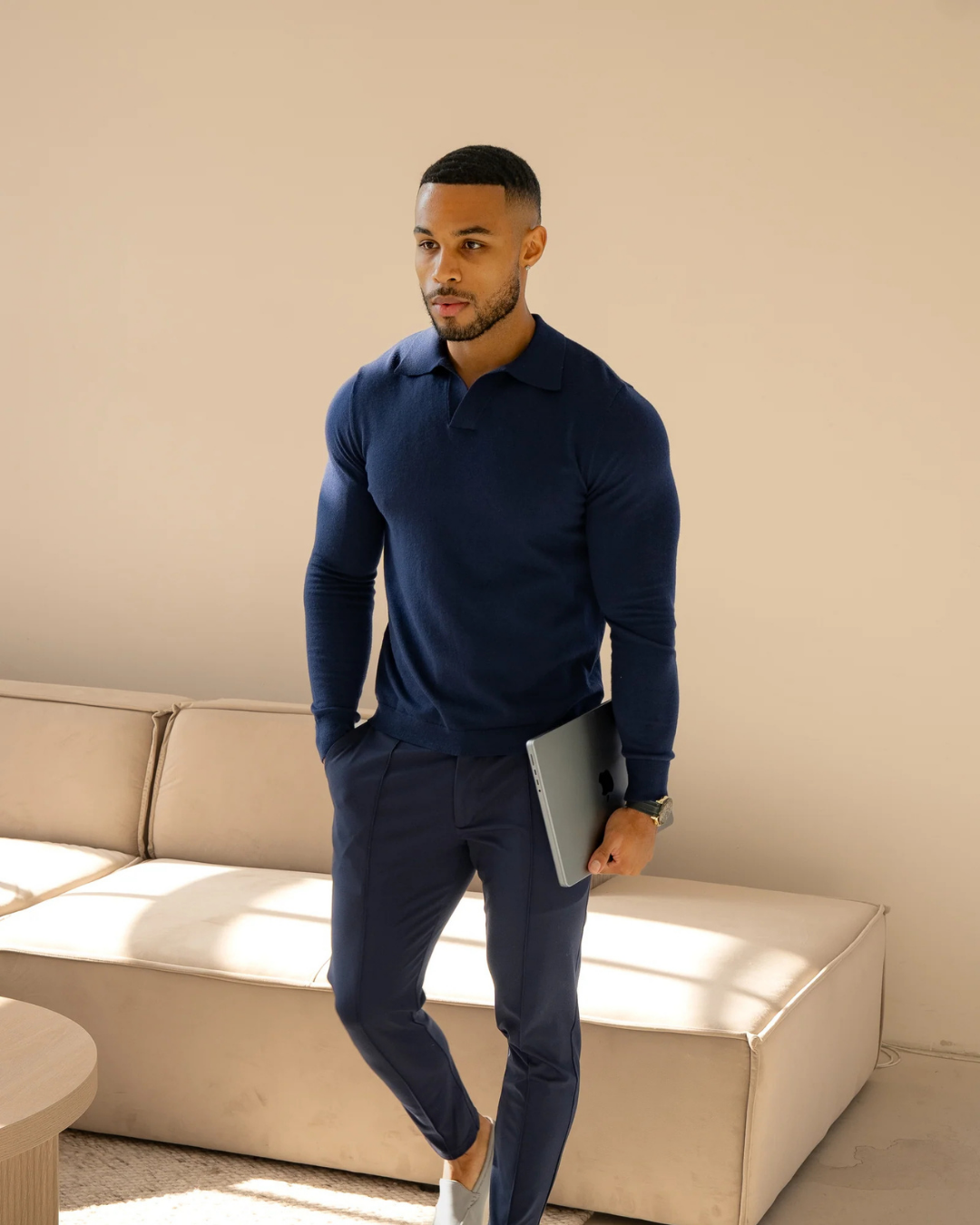 Polo de manga comprida suave e respirável para homem