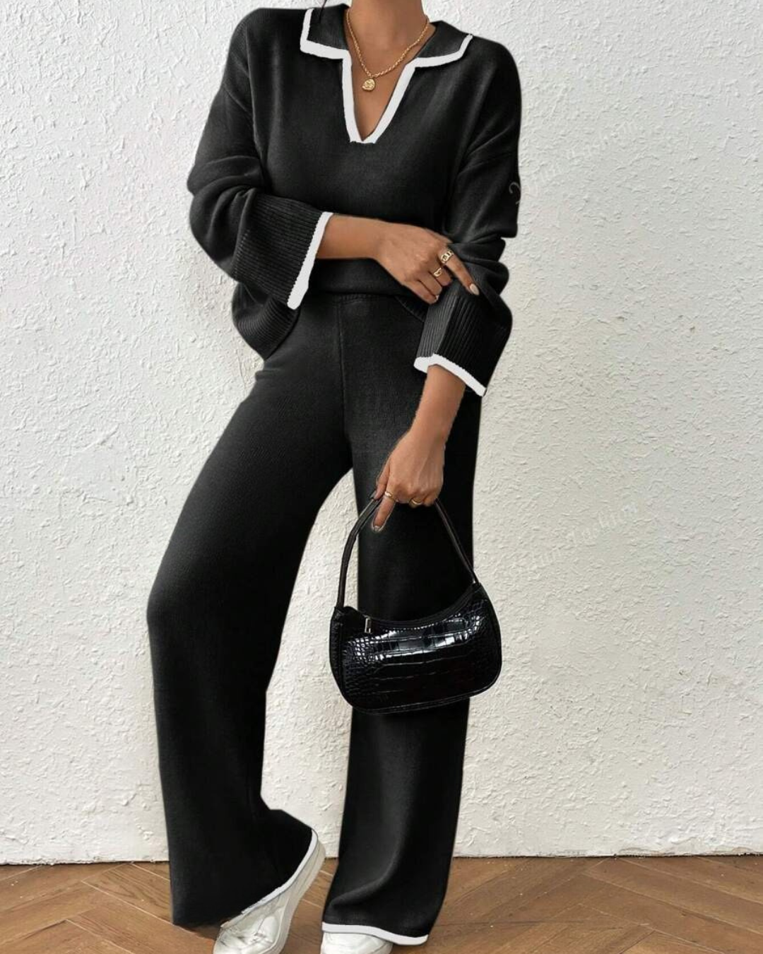 Conjunto de Camisola e Calças de Malha de 2 Peças com Acabamento em Cor Contrastante