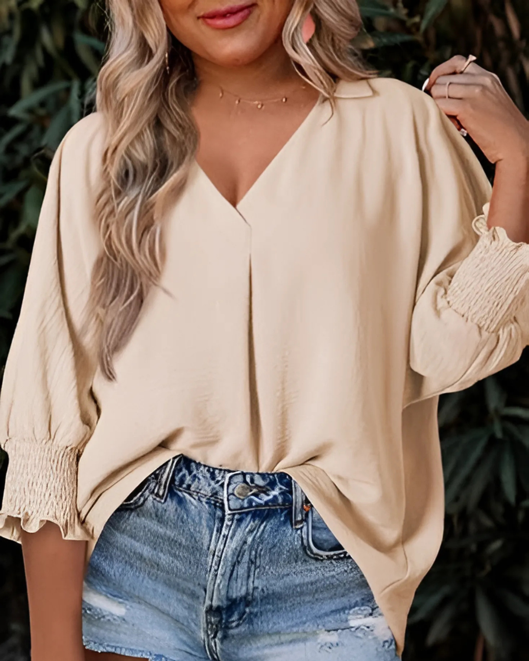 Blusa casual feminina com decote em V e manga 3/4, folgada e justa