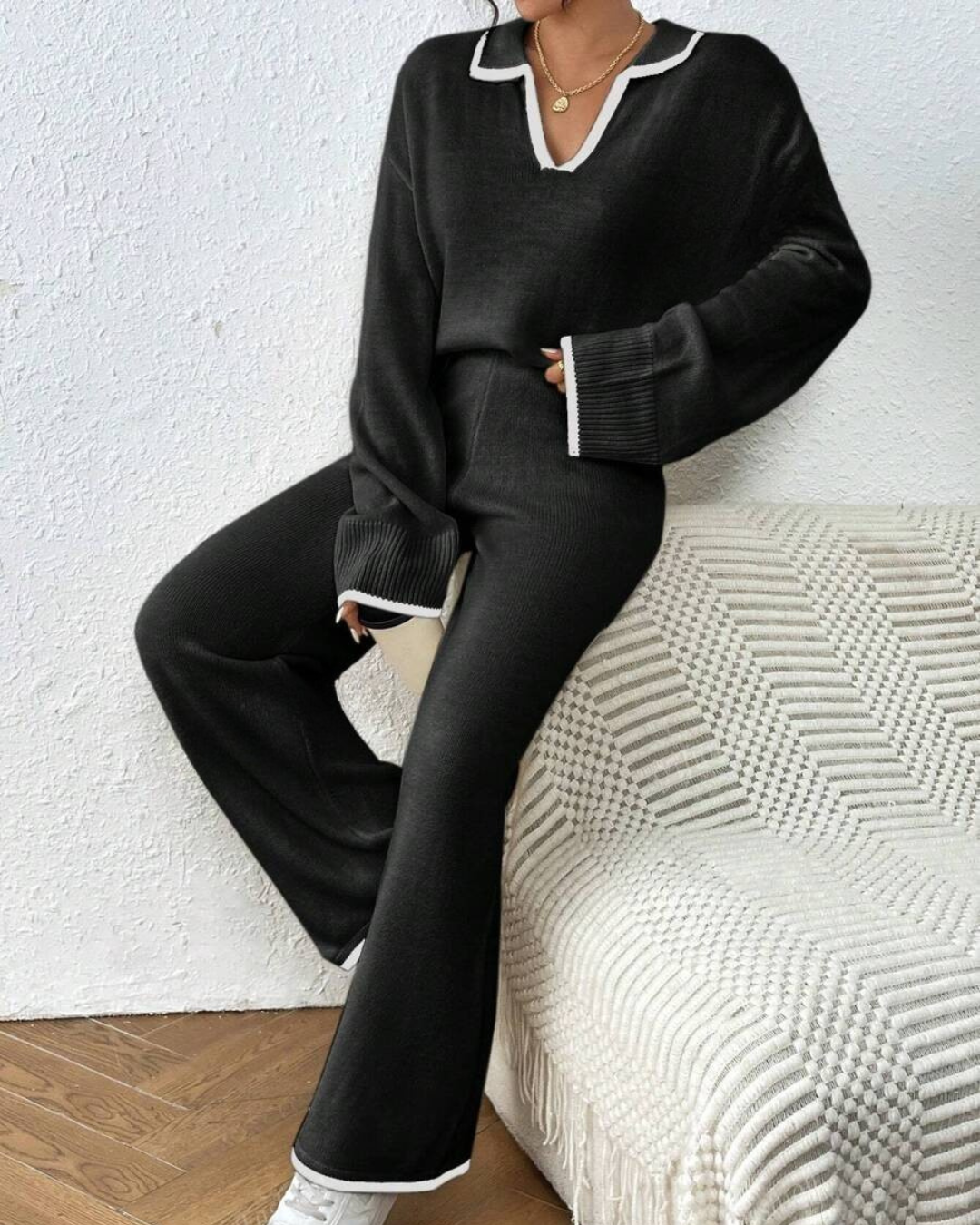 Conjunto de Camisola e Calças de Malha de 2 Peças com Acabamento em Cor Contrastante