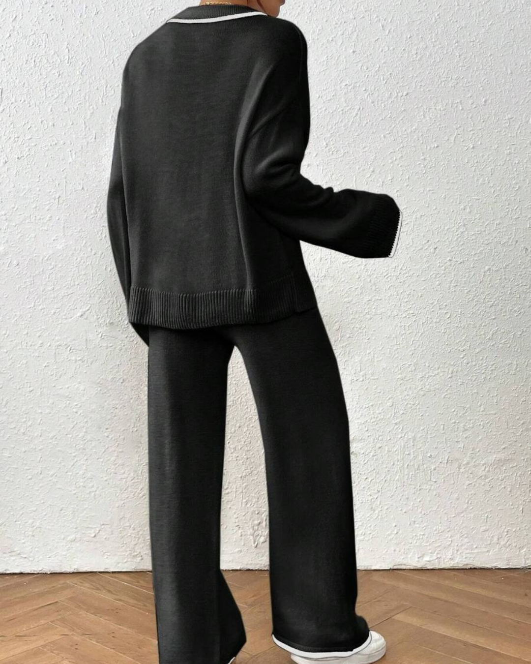 Conjunto de Camisola e Calças de Malha de 2 Peças com Acabamento em Cor Contrastante